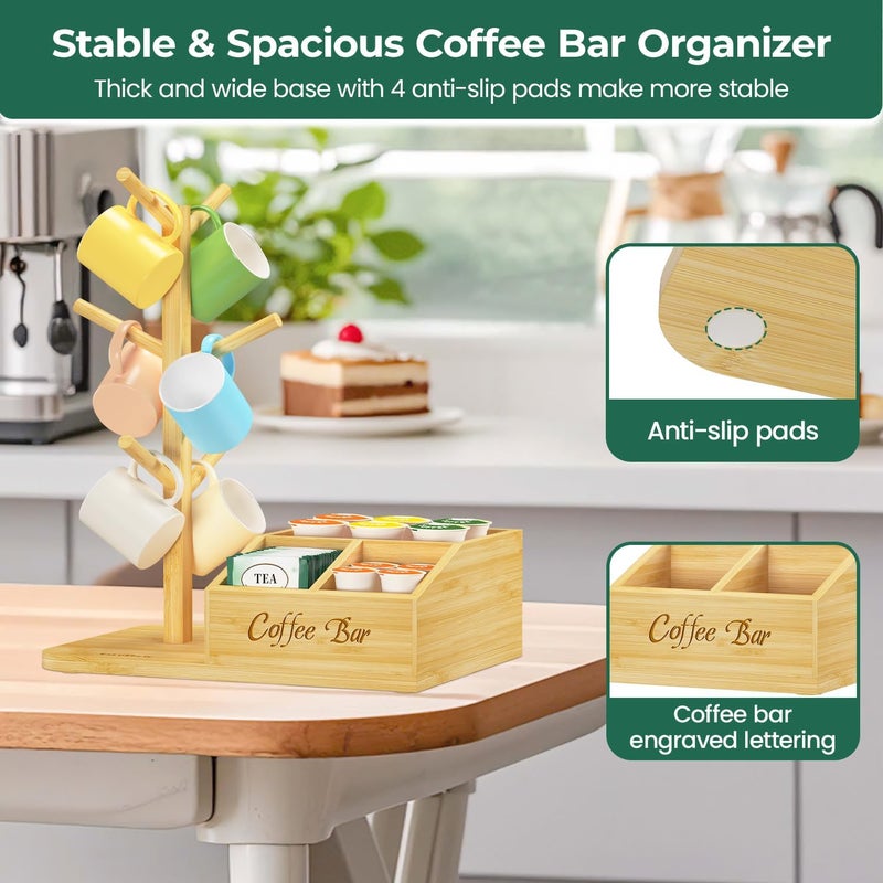 EsLuker.ly Mug Tree Holder Stand, Countertop Bamboo Coffee Cup Organizer Rack for Kitchen Office, Space-Saving Coffee Station Bar Organizer with 6 Hooks, Modern Design Enhances Decor - Image 5